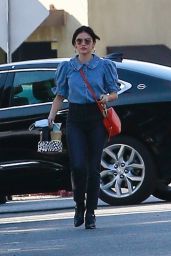 Lucy Hale in a Blue Top and Denim at Alfred