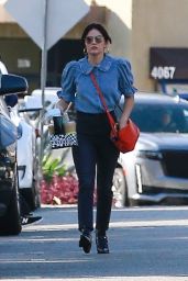 Lucy Hale in a Blue Top and Denim at Alfred