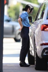 Lucy Hale in a Blue Top and Denim at Alfred