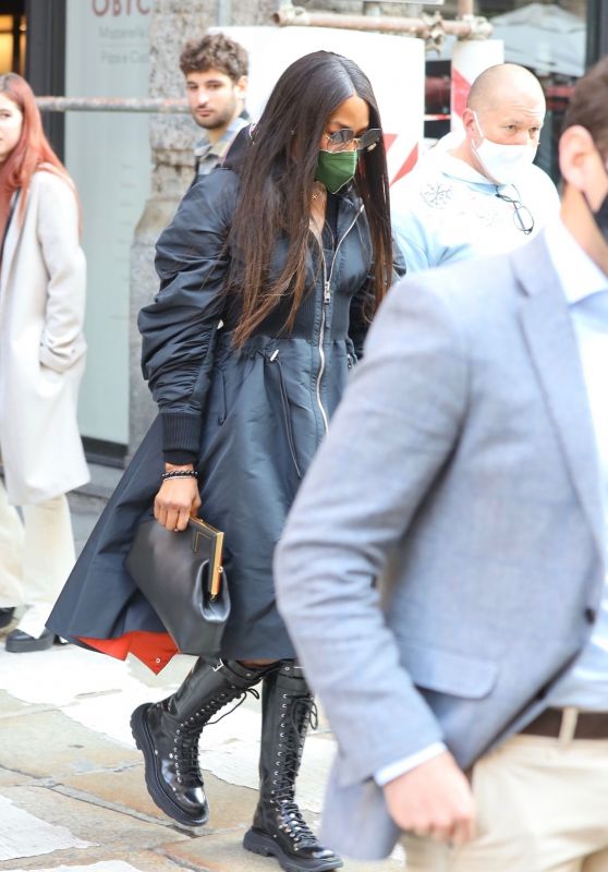 Naomi Campbell in Laced Up Black Leather Boots - Out in Milan 10/15/2021