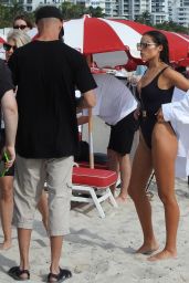 Olivia Culpo in a Black Michael Kors Swimsuit - Miami 10/28/2021