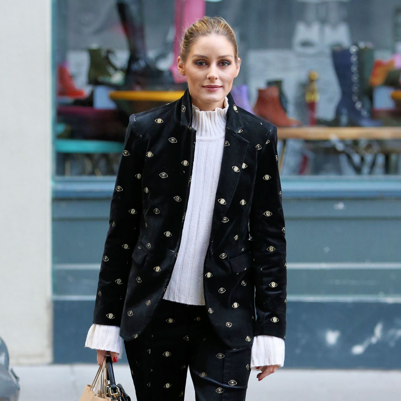 Olivia Palermo in a Crushed Velvet Suit and White Sweater - Shopping in ...