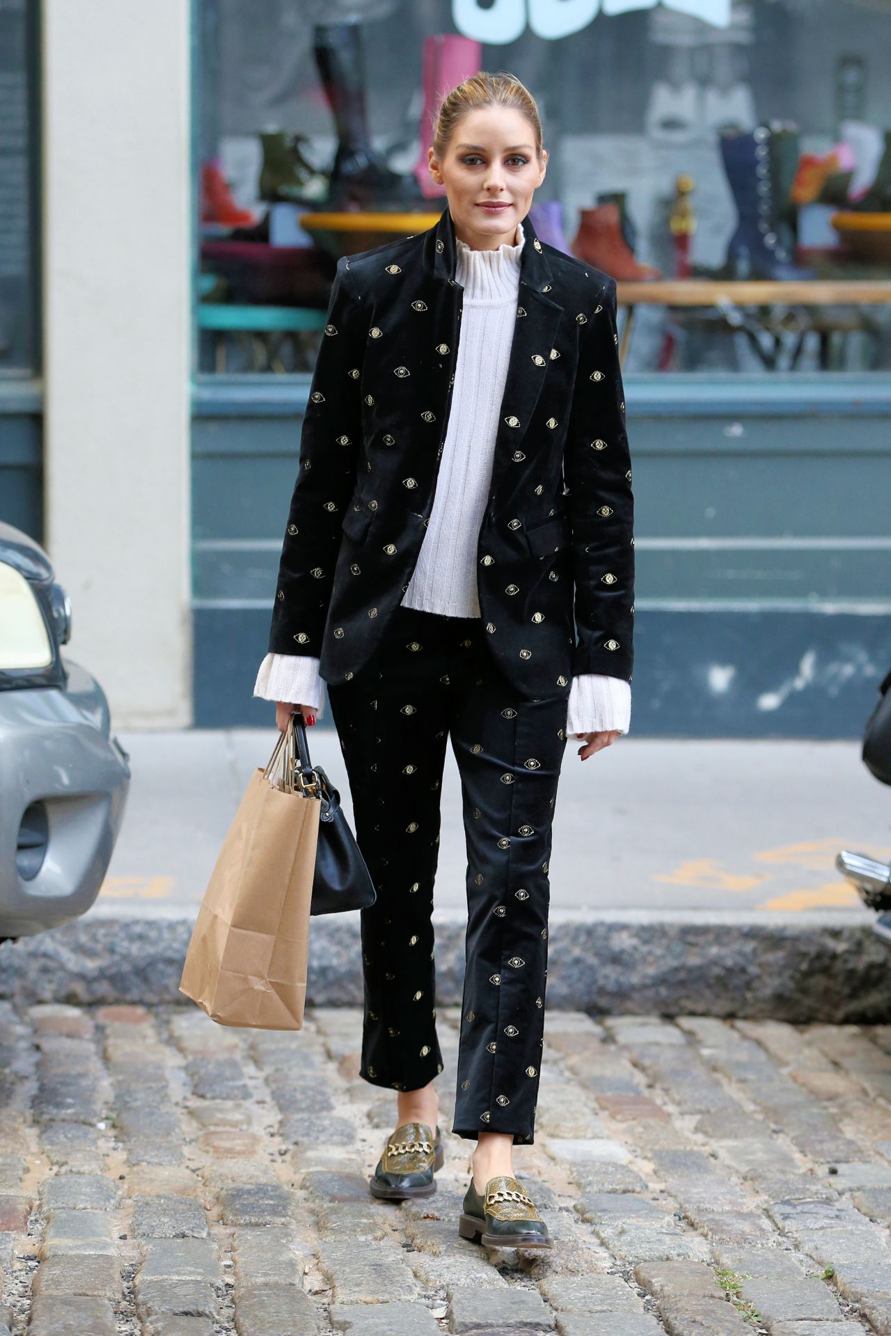 Olivia Palermo In A Crushed Velvet Suit And White Sweater Shopping In