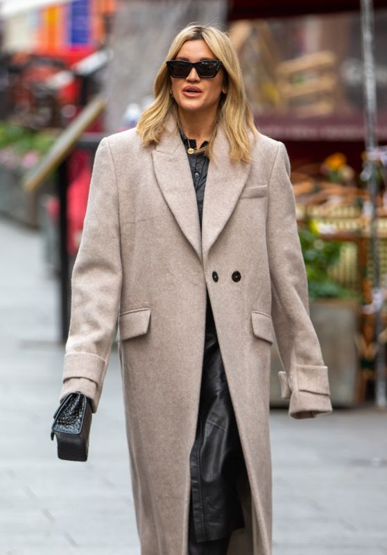 Ashley Roberts in a Black Leather Midi Dress and Stone Wool Coat - London 11/29/2021