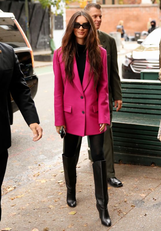 Emily Ratajkowski in a Pink Blazer, Black Tights and Knee-Length Boots - New York City 11/22/2021