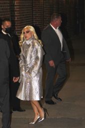 Lady Gaga in a Dazzling Silver Trench Coat - New York 11/15/2021