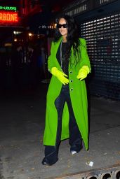 Rihanna in a Green Coat at Carbone in New York 11/02/2021