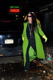 Rihanna in a Green Coat at Carbone in New York 11/02/2021