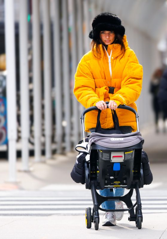 Emily Ratajkowski in a Yellow Puffy Jackets - New York 12/23/2021
