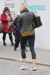 Jenni Falconer Wearing an Animal Print Scarf Leather Jacket and Black Leggings - London 12/21/2021