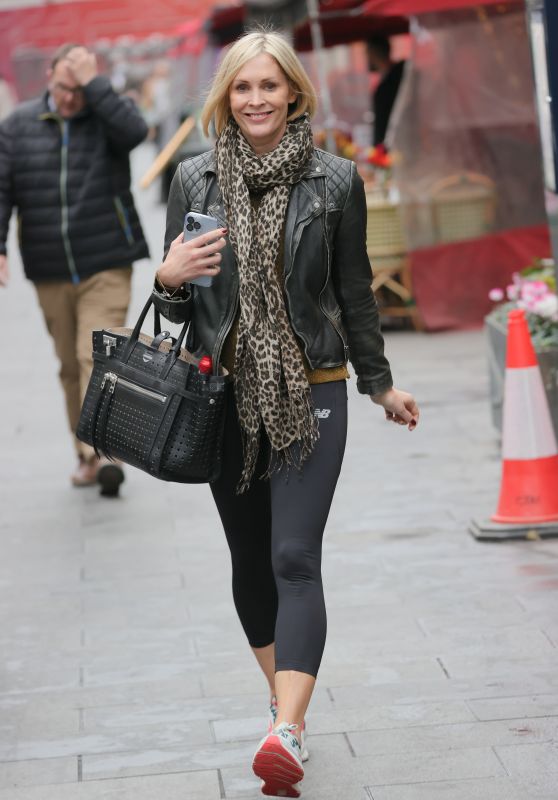Jenni Falconer Wearing an Animal Print Scarf Leather Jacket and Black Leggings - London 12/21/2021