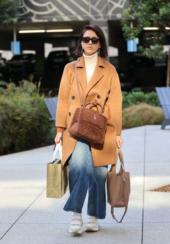 Jessica Alba in a Brown Coat and Relaxed Fit Denim Jeans - Playa Vista 12/20/2021