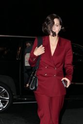 Maggie Gyllenhaal in a Stylish Maroon Pantsuit - New York 12/15/2021