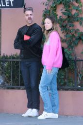 Olivia Wilde in a Pink Sweater and Jeans at Bacari Bar in Silver Lake 12/11/2021