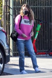 Olivia Wilde in a Pink Sweater and Jeans at Bacari Bar in Silver Lake 12/11/2021