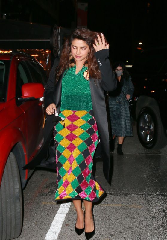 Priyanka Chopra in a Colorful Dress at SONA Indian Restaurant in New York City 12/14/2021