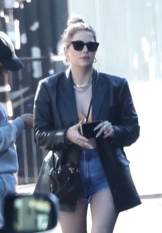 Ashley Benson Wearing a Leather Coat and Denim Shorts - Studio City 01/21/2022