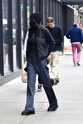 Bella Hadid Wears a Yankees Pendant, Dark Polo Sports Jacket and Matching Blue Pants - New York 12/31/2021