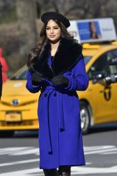 Harnaaz Sandhu (Miss Universe 2022) in a Purple Coat and Brown Stiletto Boots - New York 01/12/2022
