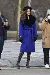 Harnaaz Sandhu (Miss Universe 2022) in a Purple Coat and Brown Stiletto Boots - New York 01/12/2022