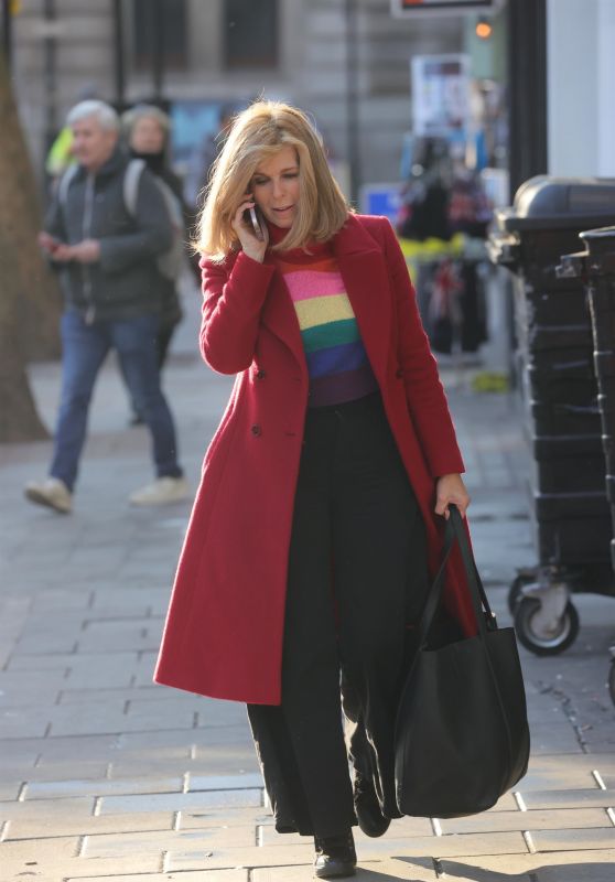 Kate Garraway in a Rainbow Top and Red Coat Earring - London 01/13/2022
