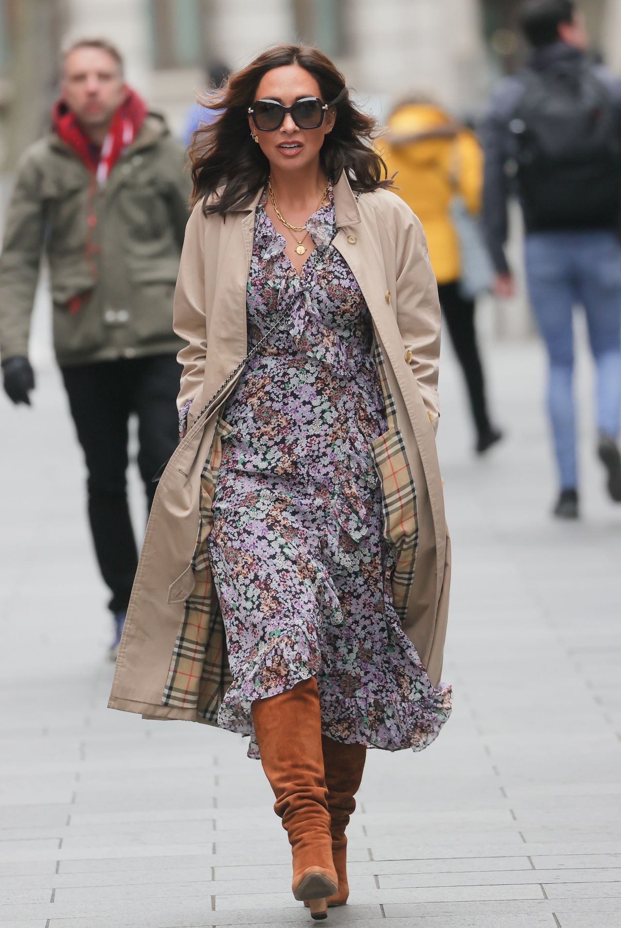 Myleene Klass in a Floral Dress and Sued Knee Skimming Boots - London