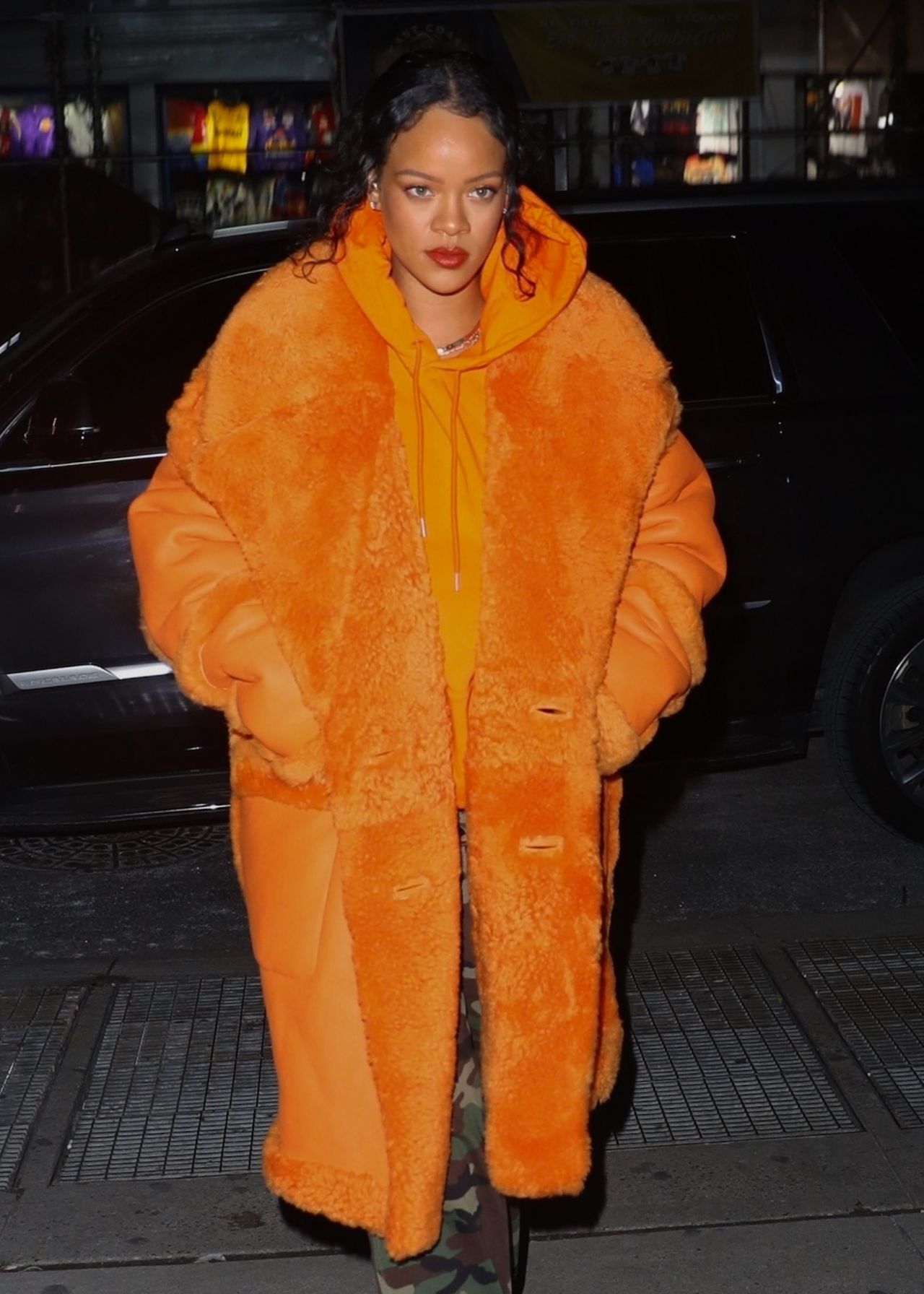 Rihanna in a Big Puffy Orange Fur Coat - Shopping in NYC 01/26/2022 ...