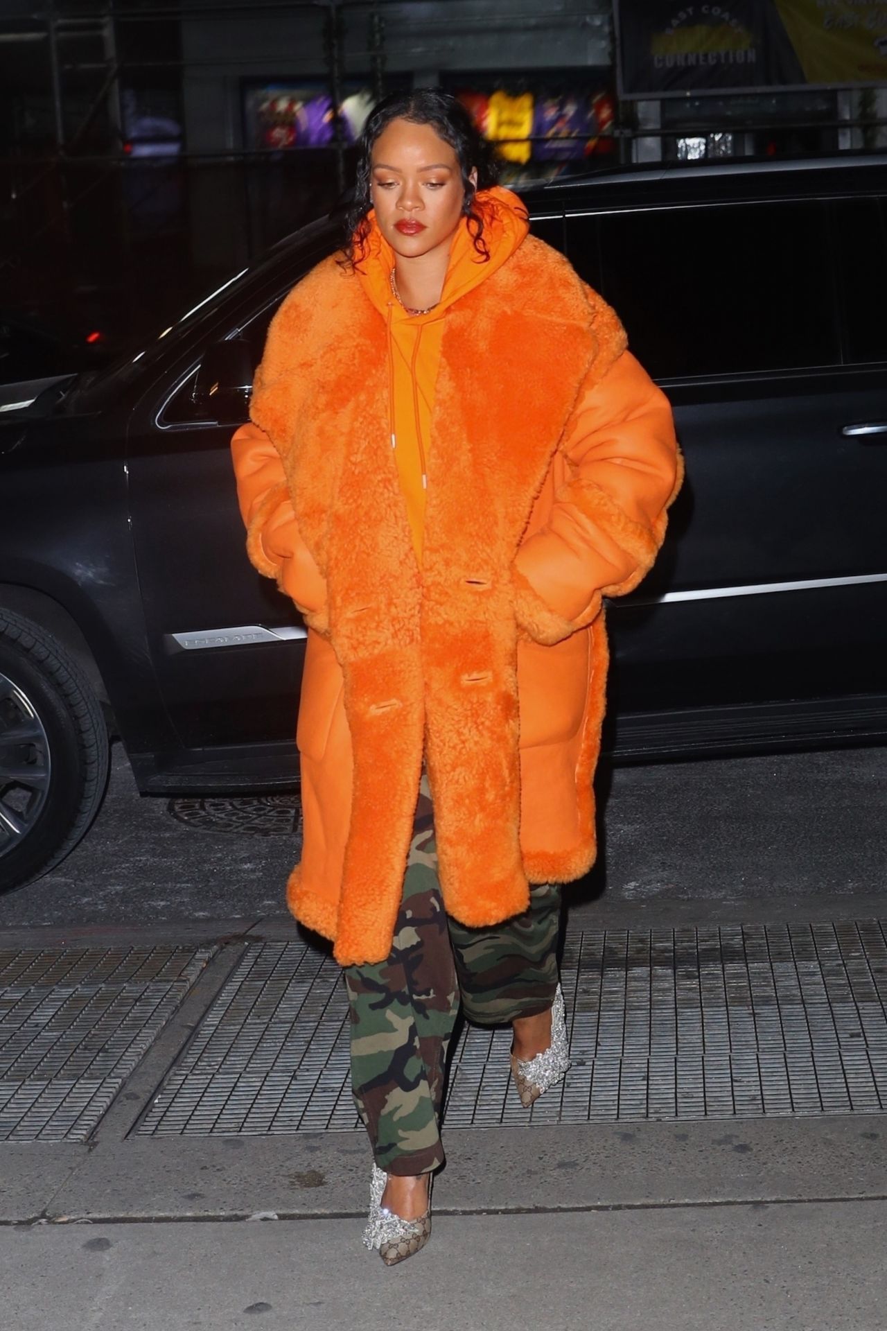 Rihanna in a Big Puffy Orange Fur Coat - Shopping in NYC 01/26/2022 ...