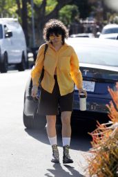 Alia Shawkat in a Yellow-orange Dress Shirt and Black Short Trousers - LA 02/08/2022