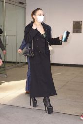 Joey King in a Floral Dress and a Black Coat - New York 02/08/2022