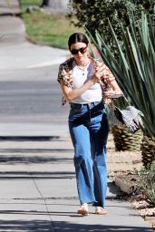 Lucy Hale in a Patterned Shirt, Tank Top, Jeans and White Sandals in La 02/09/2022