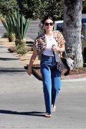 Lucy Hale in a Patterned Shirt, Tank Top, Jeans and White Sandals in La 02/09/2022