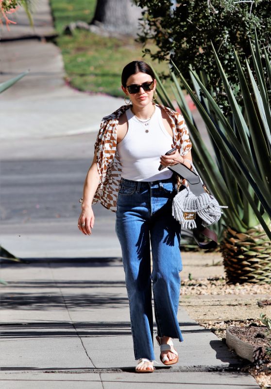 Lucy Hale in a Patterned Shirt, Tank Top, Jeans and White Sandals in La ...