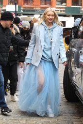 Gigi Hadid Wears a Baby Blue Gown With a Blazer on Top - Photoshoot in New York 03/30/2022