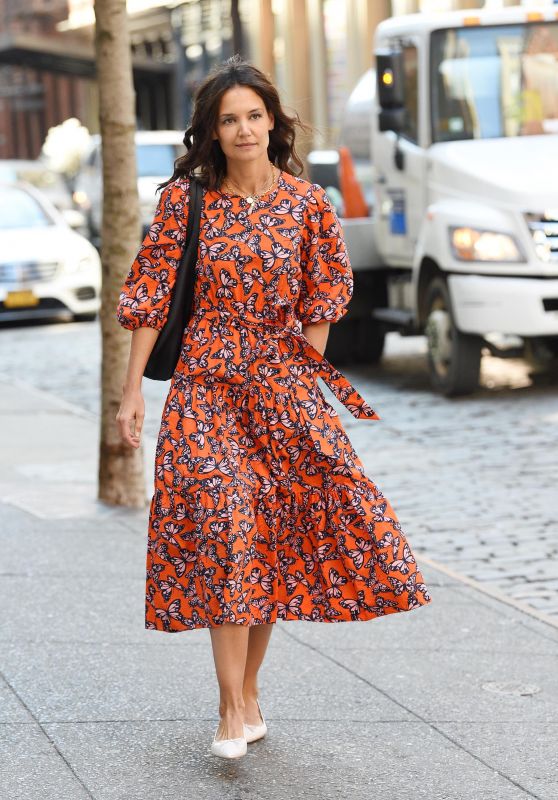 Katie Holmes in an Orange Butterfly Print Dress - New York 03/14/2022