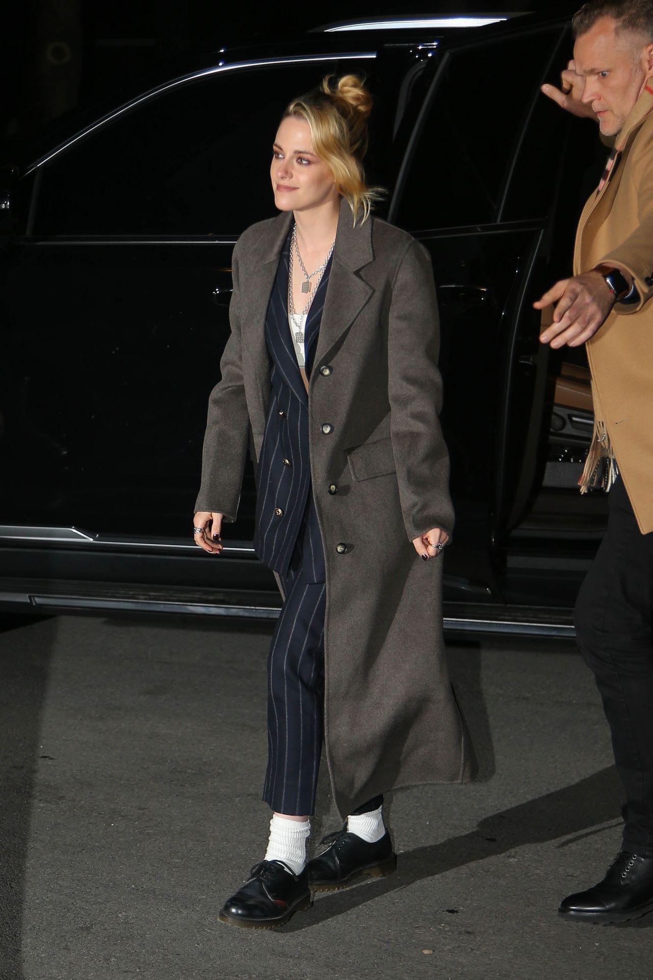 Kristen Stewart Wears a Black Pinstripe Suit and Overcoat - New York 03 ...