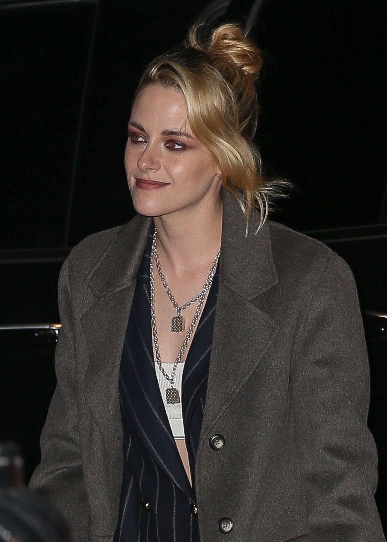 Kristen Stewart Wears A Black Pinstripe Suit And Overcoat New York Celebmafia