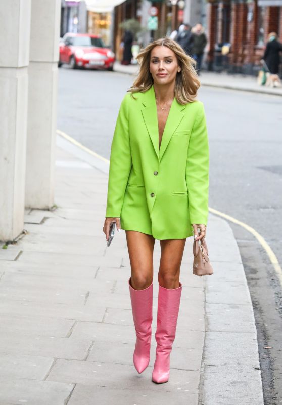 Laura Anderson in a Lime Green Coat Dress and Pink Boots in London 03/06/2022