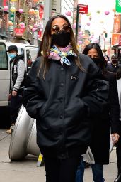 Zoe Saldana in a Black Varsity Jacket and a Colorful Scarf - New York 03/01/2022