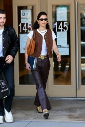 Bella Hadid in a Brown Suede Vest and Brown Leather Pants and Snakeskin Booties - NYC 03/13/2022