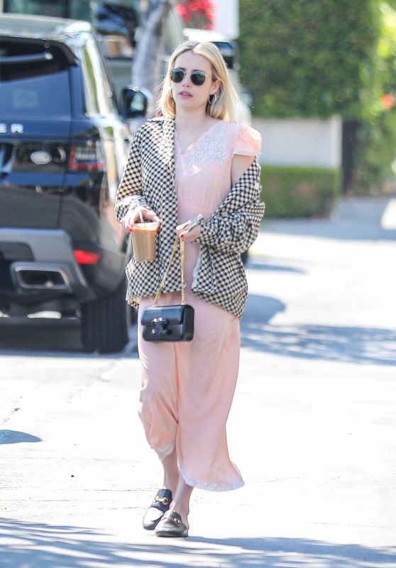Emma Roberts Wears a Pink Dress and Checkered Jacket - West Hollywood 04/13/2022