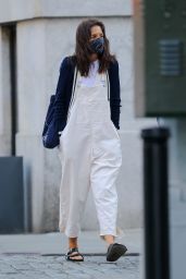 Katie Holmes in a Pair of White Overalls - New York City 04/25/2022