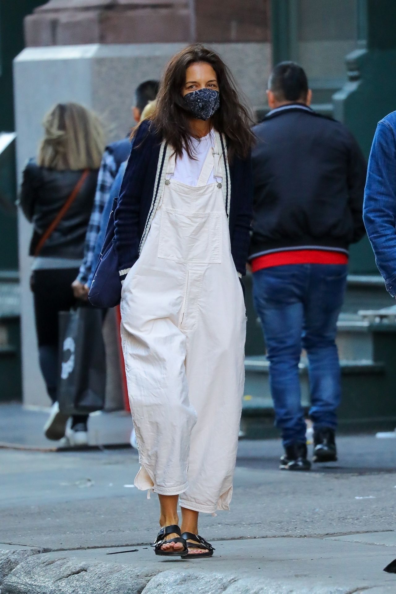 Katie Holmes in a Pair of White Overalls - New York City 04/25/2022 ...