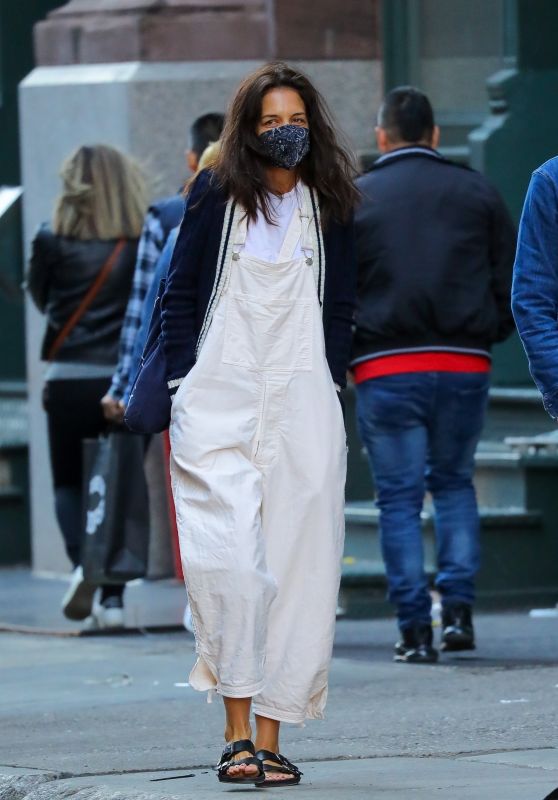 Katie Holmes in a Pair of White Overalls - New York City 04/25/2022