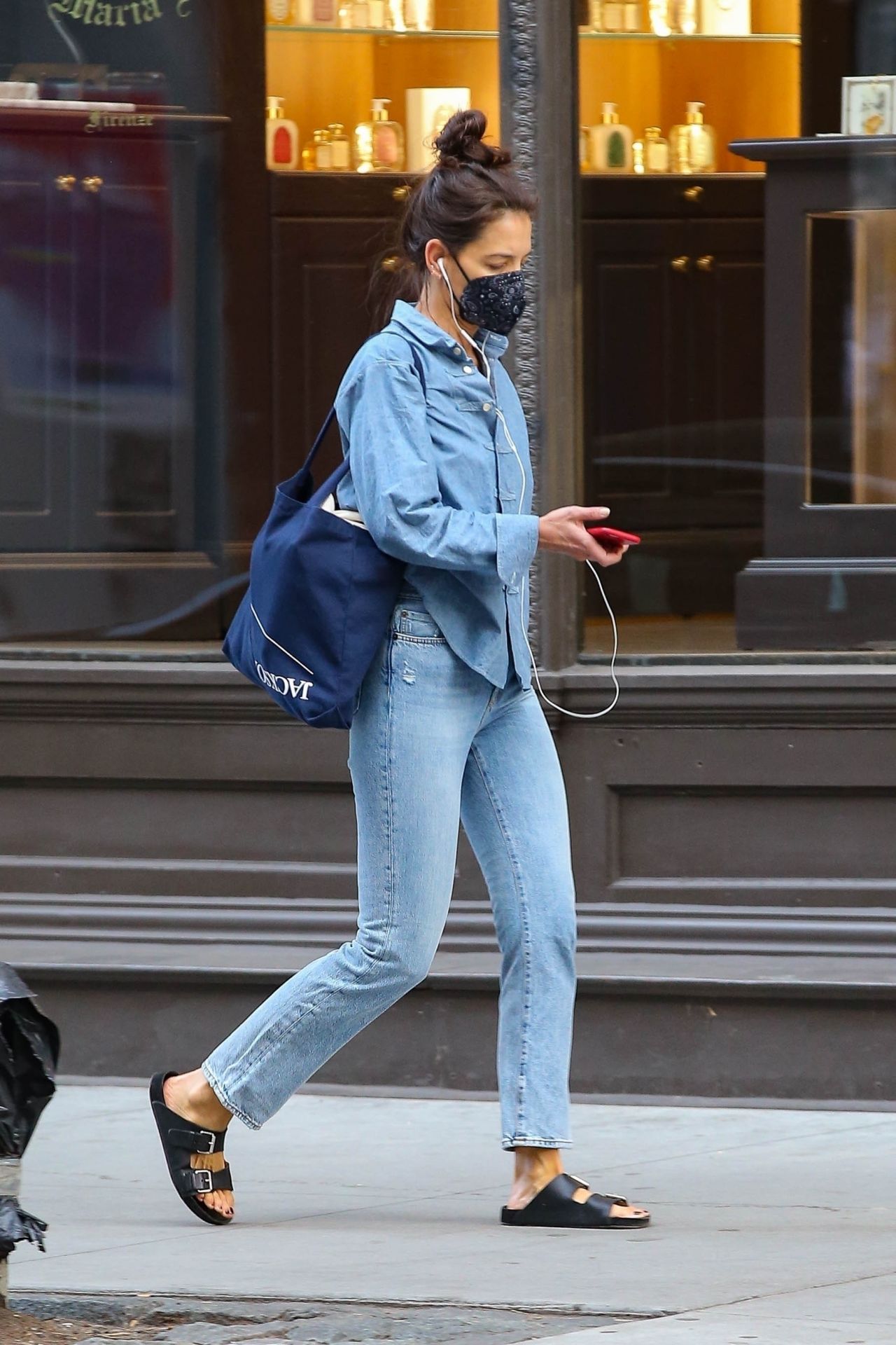 Katie Holmes Wearing a Denim Ensemble in NYC 04/26/2022 • CelebMafia