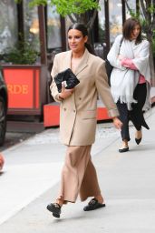 Lea Michele in a Tan Blazer and Loafers - NYC 04/25/2022