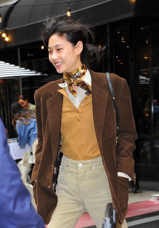 HoYeon Jung Wearing a Corduroy Blazer Jacket With Matching Corduroy Pants - Mark Hotel in NYC 05/01/2022