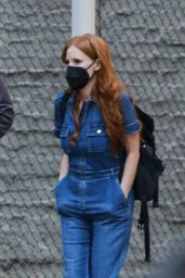 Jessica Chastain Wears a Denim Jumpsuit and Pink Shoes - New York 05/18/2022