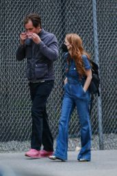 Jessica Chastain Wears a Denim Jumpsuit and Pink Shoes - New York 05/18/2022