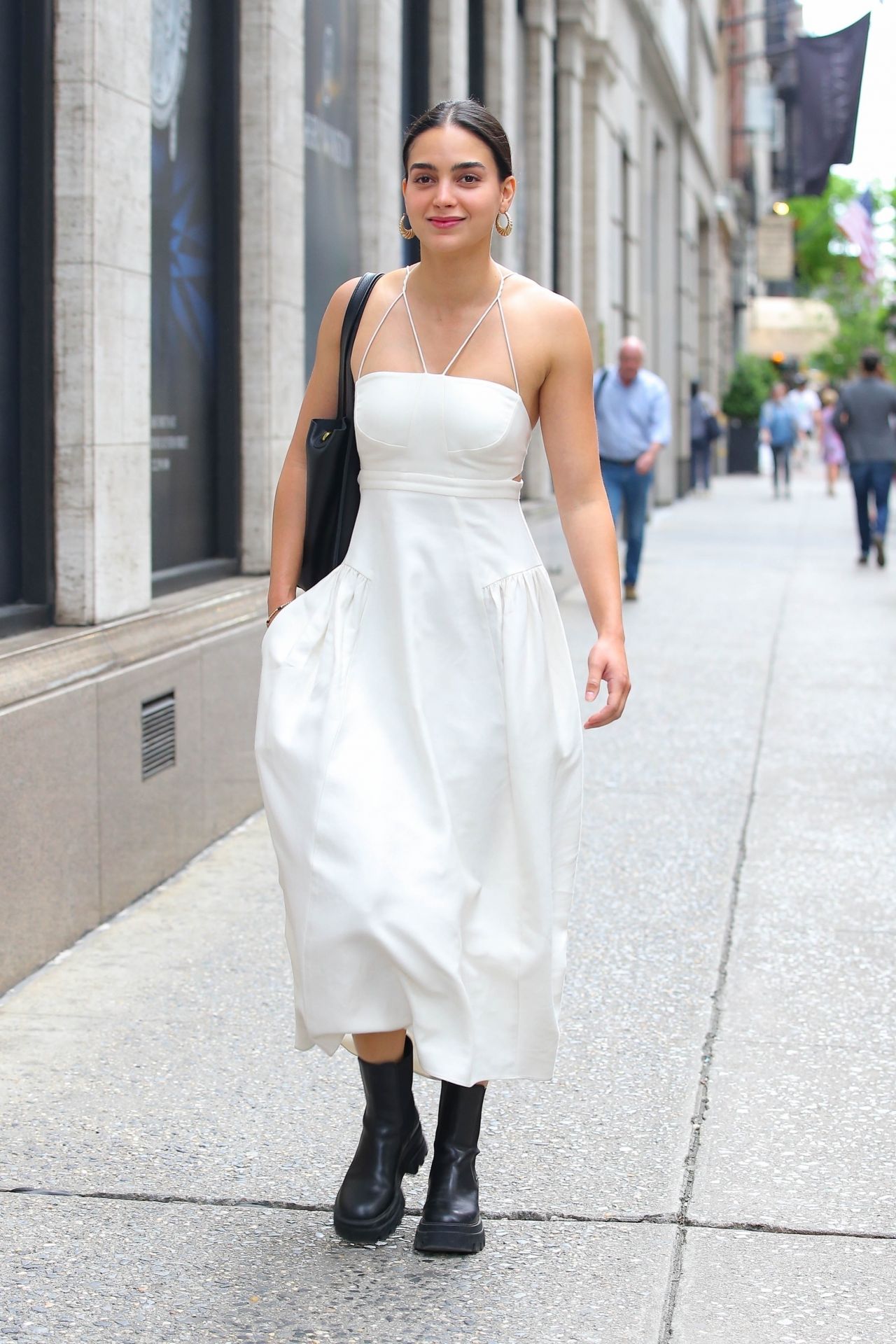 Melissa Barrera in a White Dress and Black Leather Boots - New York 05